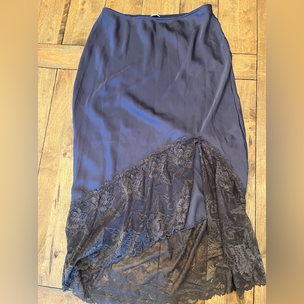 Free People Lace-Trim High-Low Satin Slip Skirt in Navy